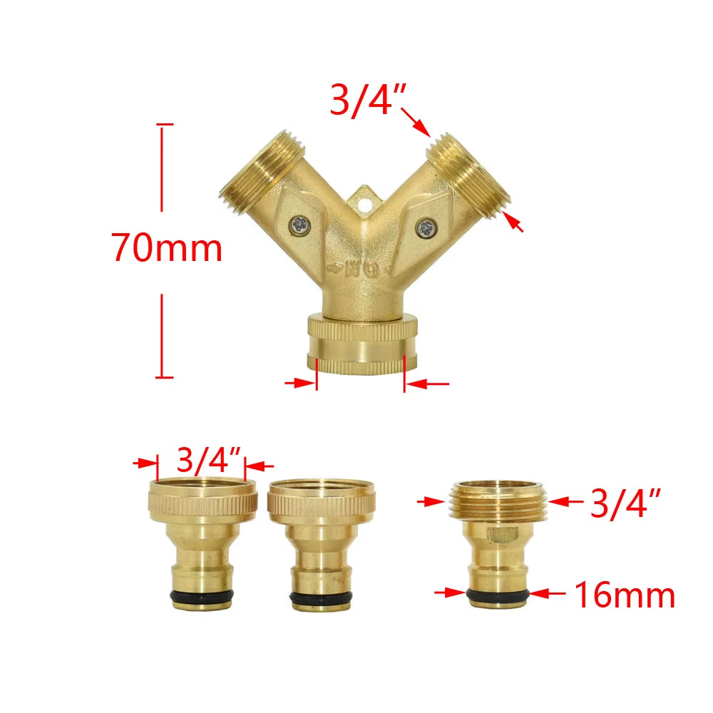 Brass 2-Way Garden Tap Water Splitter 3/4 Y Irrigation Valve Quick Connector Garden Hose Faucet Adapter 1 Set