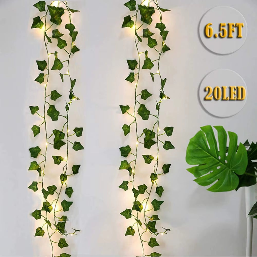 2M Leaf Ivy String Lights Vine Garland Wreath Hanging with Lamp Fairy Night Light Home Wedding Birthday Party Garden Decoration