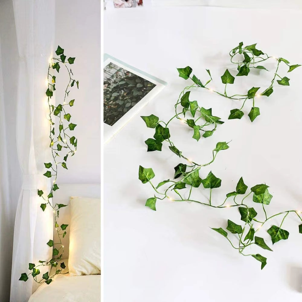 2M Leaf Ivy String Lights Vine Garland Wreath Hanging with Lamp Fairy Night Light Home Wedding Birthday Party Garden Decoration