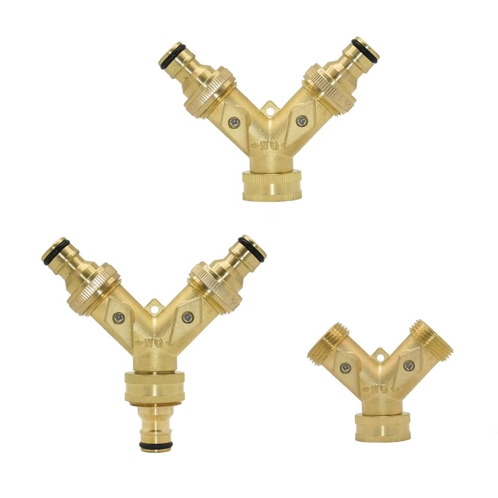 Brass 2-Way Garden Tap Water Splitter 3/4 Y Irrigation Valve Quick Connector Garden Hose Faucet Adapter 1 Set