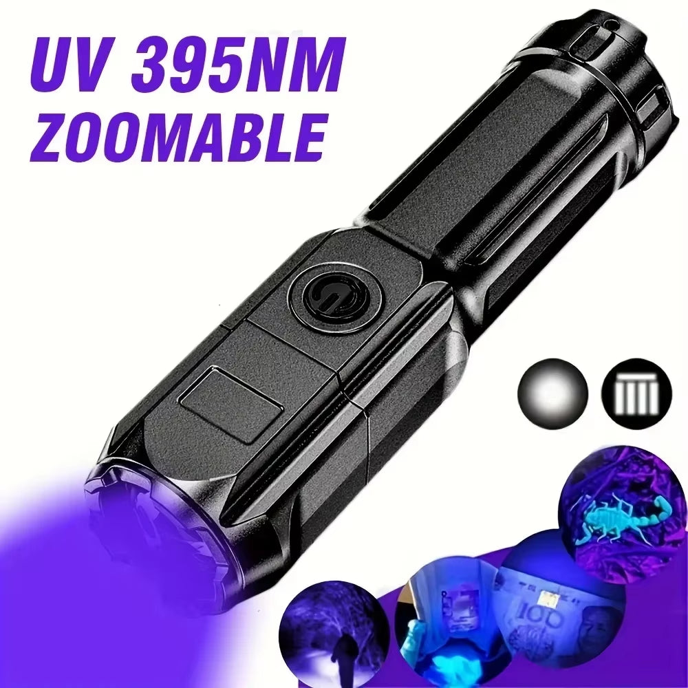 Portable UV Flashlight UV395NM Zoomable ABS Torch 3 Modes Camping Ultraviolet Flashlights for Pet Stacks Fluorescent Detection