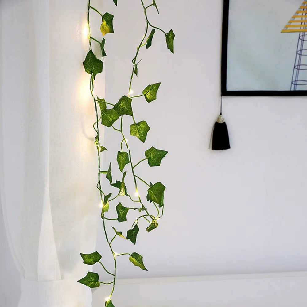 2M Leaf Ivy String Lights Vine Garland Wreath Hanging with Lamp Fairy Night Light Home Wedding Birthday Party Garden Decoration