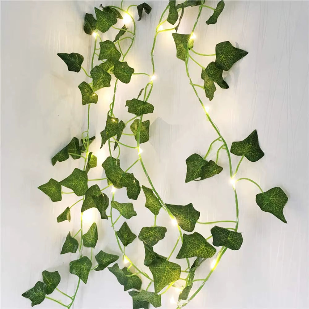 2M Leaf Ivy String Lights Vine Garland Wreath Hanging with Lamp Fairy Night Light Home Wedding Birthday Party Garden Decoration